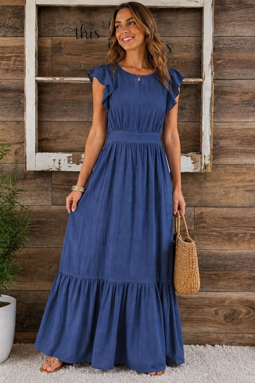 For Cynthia Size S Blue Linen Viscose Flutter Sleeve Tiered Maxi Dress